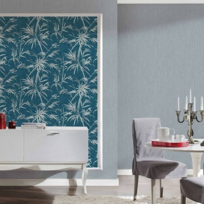 Papel de Parede Tropical, Folhas, Uni, Cinza, Metálico, Prata 37375-2