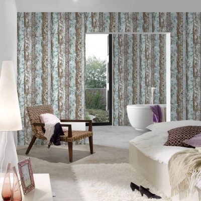 Papel de Parede Madeira, Casa de Campo, Azul, Castanho, Creme, Verde 36119-3