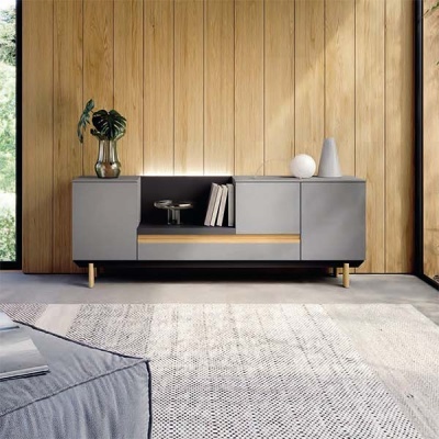 Aparador cinzento moderno com decoração minimalista em sala de estar
