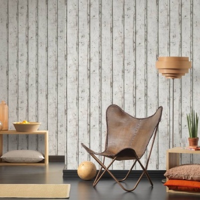 Papel de Parede Madeira, Casa de Campo, Creme, Cinza, Branco 95370-1