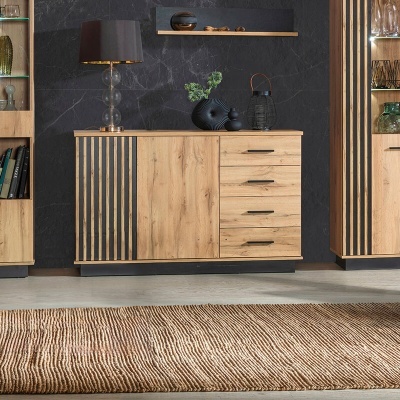 Aparador com Frente Ripada Carvalho e Preto Lamelo