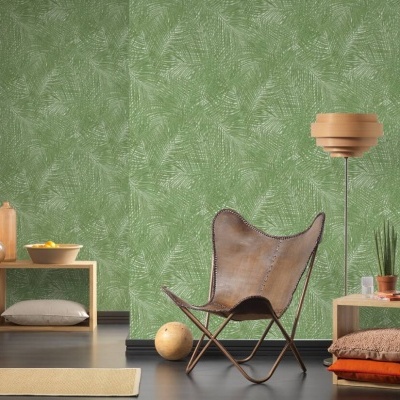 Papel de Parede Tropical, Floral, Verde, Branco, Folhas, Selva 37371-5