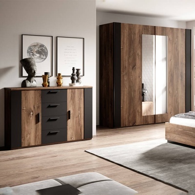 Quarto Completo Cama 160x200 Carvalho e Preto