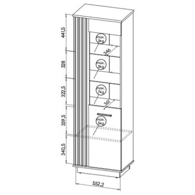 Desenho técnico de móvel alto com prateleiras e números de carga máxima