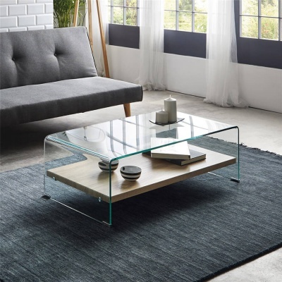 Mesa de Centro Vidro Cristal e Madeira Natural