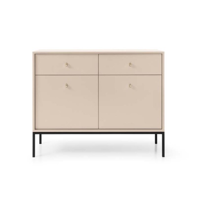 Móvel de arrumação beige com gavetas e portas, pernas pretas metálicas