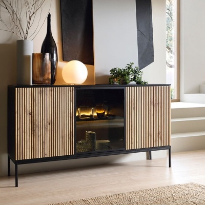 Aparador 3 Portas em Carvalho com Ripas e Vidro Sento