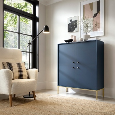 Aparador Alto Azul Navi com Pernas em Dourado Mono