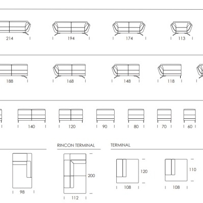 Desenho técnico com medidas e tipos variados de sofás em preto e branco.