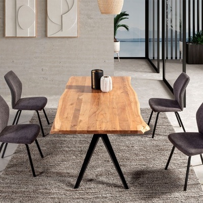 Mesa de Jantar Rústica Madeira de Acácia e Pernas de Metal