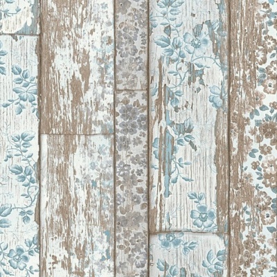 Revestimento ou papel de parede com padrão floral azul e bege sobre madeira desgastada