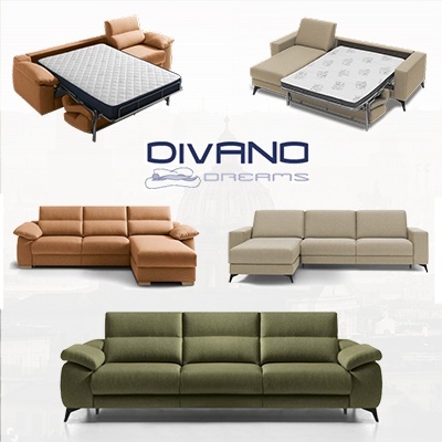 Cinco sofás modernos em várias cores e formatos com texto DIVANO DREAMS