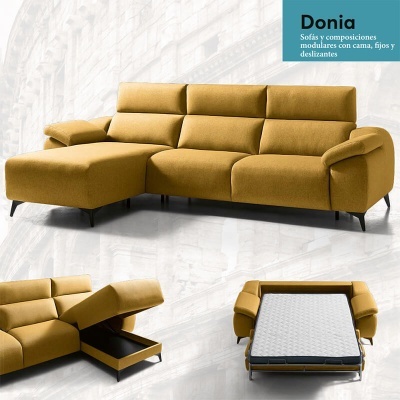 Sofá modular amarelo mostarda Donia com cama extensível e compartimento de armazenamento