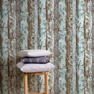 Papel de Parede Madeira, Casa de Campo, Azul, Castanho, Creme, Verde 36119-3