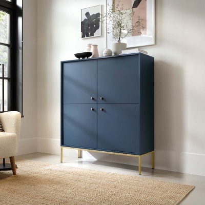 Aparador Alto Azul Navi com Pernas em Dourado Mono