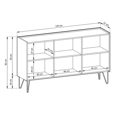Desenho técnico de móvel de madeira com dimensões detalhadas