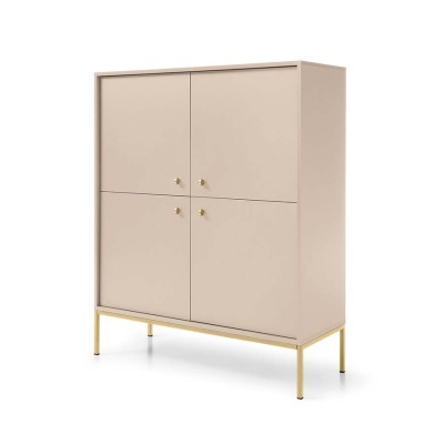 Móvel de arrumação bege com quatro portas e pernas douradas