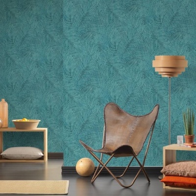 Papel de Parede Tropical, Folhas, Selva, Floral, Azul, Verde, Turquesa 37371-6