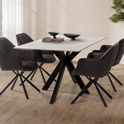 Mesa de Jantar com Tampo de Cerâmica Branco e Base em X Preto