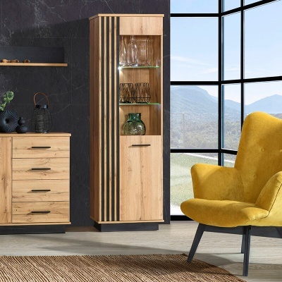 Vitrine com uma Porta Carvalho e Preto Lamelo