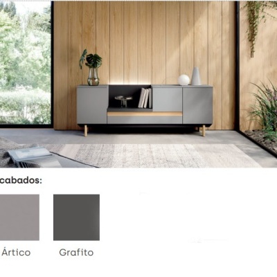 Aparador moderno cinzento com decoração e parede de madeira clara