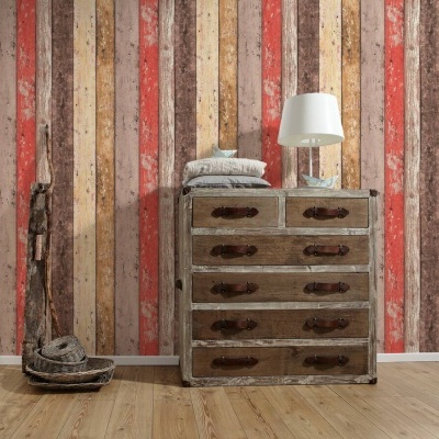 Papel de Parede Madeira, Casa de Campo, Bege, Castanho, Vermelho 8951-27