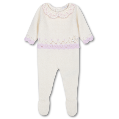 Babygrow malha na cor cru com gola bordada rosa bebé |SWEETHEART Dr Kid