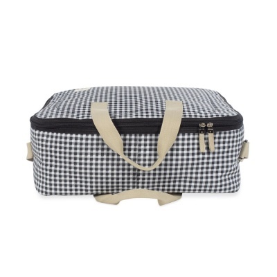 Bolsa xadrez preta e branca com alças bege e fecho de correr preto