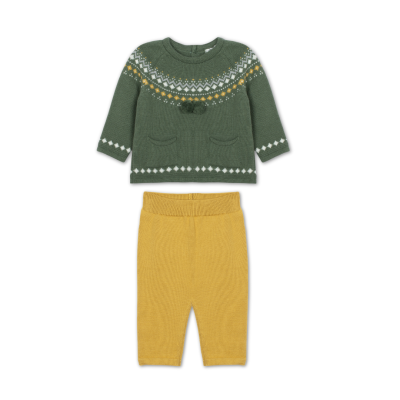 Conjunto infantil camisola verde com padrão e calças amarelas em malha