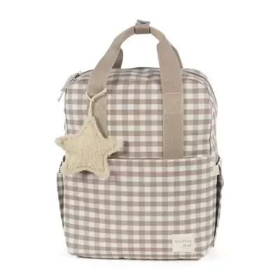 Mochila xadrez bege e branco com pendente estrela de pelúcia