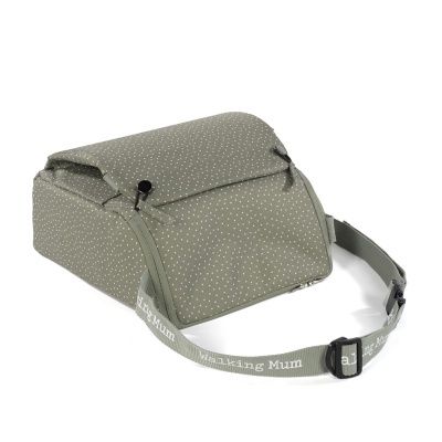 Mala de passeio verde claro com bolinhas brancas e alça com texto Walking Mum