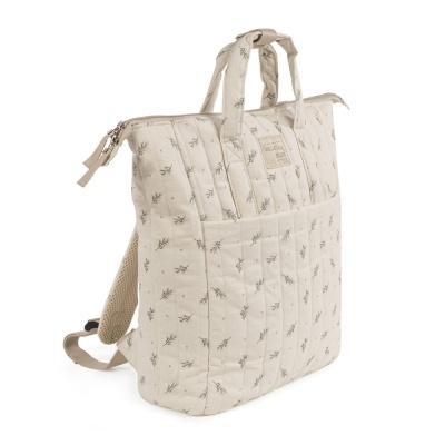 Mochila bege com padrão floral cinza e alças acolchoadas