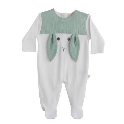 Babygrow algodão pérola e verde seco Sweet Bunny