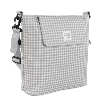 Bolsa xadrez cinza e branco com alça ajustável e etiqueta frontal Walking Mum