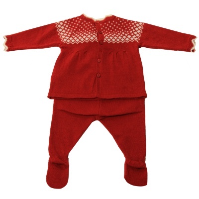 Conjunto malha jaquard com pompons em vermelho