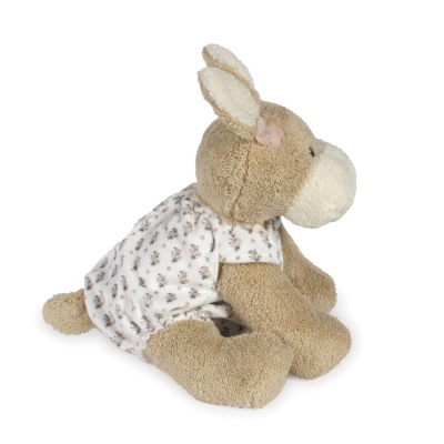 Pelúcia de burro marrom claro com camisa branca de flores