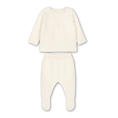 Conjunto de roupa de bebé bege claro com camisola e calças de malha
