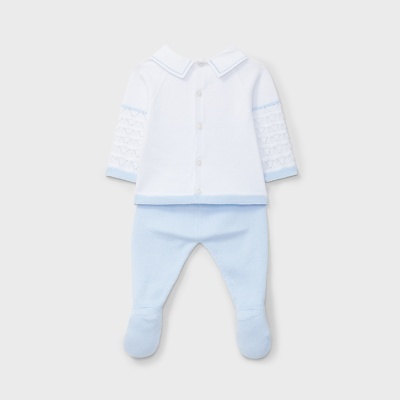 Conjunto em malha de algodão branco e azul bebé
