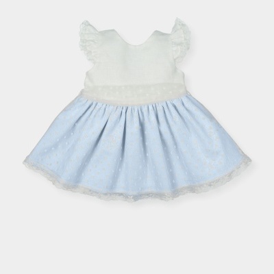 Vestido em linho e tule em celeste Salvia