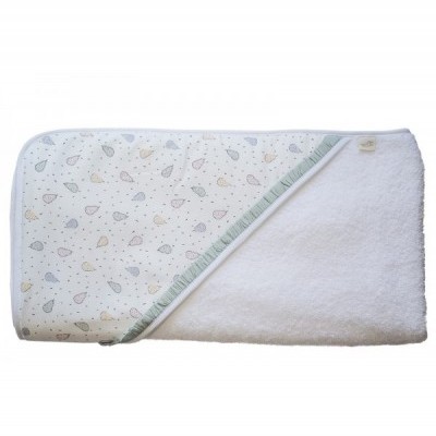 Toalha de banho de bebé branca com capuz estampado com folhas coloridas e borda verde