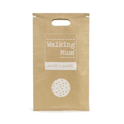 Saco de papel castanho com texto Walking Mum e padrão circular