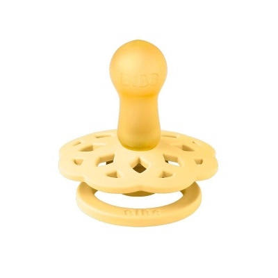 Chupeta silicone amarela clara com padrão e texto LUB3