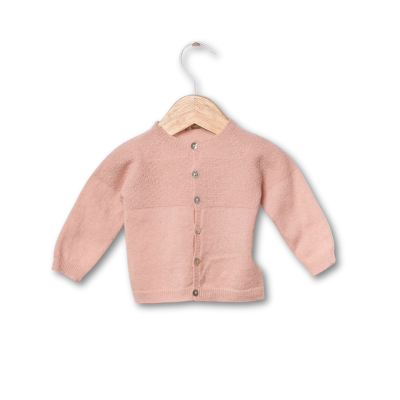 Casaco tricotado em lã merino e caxemira rosa | LITTLE LOVE Wedoble