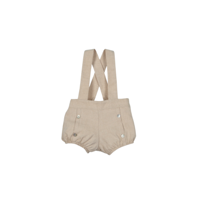 Calções de bebé bege com presilhas cruzadas e botões prateados