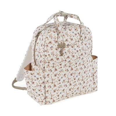 Mochila floral bege e castanha com alças e bolsos laterais
