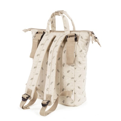 mochila branca creme com padrão de folhas pequenas e alças ajustáveis bege