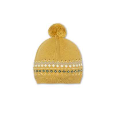 Gorro malha de algodão com pompom em mostarda | AUTUMN SUN Dr Kid