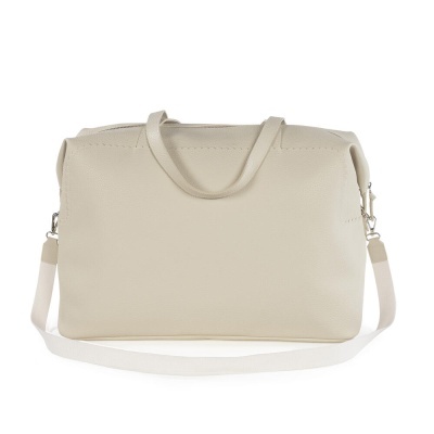 Mala de mão bege claro em pele sintética com alças e alça longa ajustável