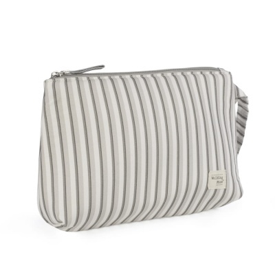 Bolsa de lavagem com riscas cinzentas e fecho prateado