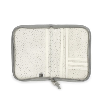 Porta-documentos em tecido padrão bege com pontos pretos e fecho cinzento aberto
